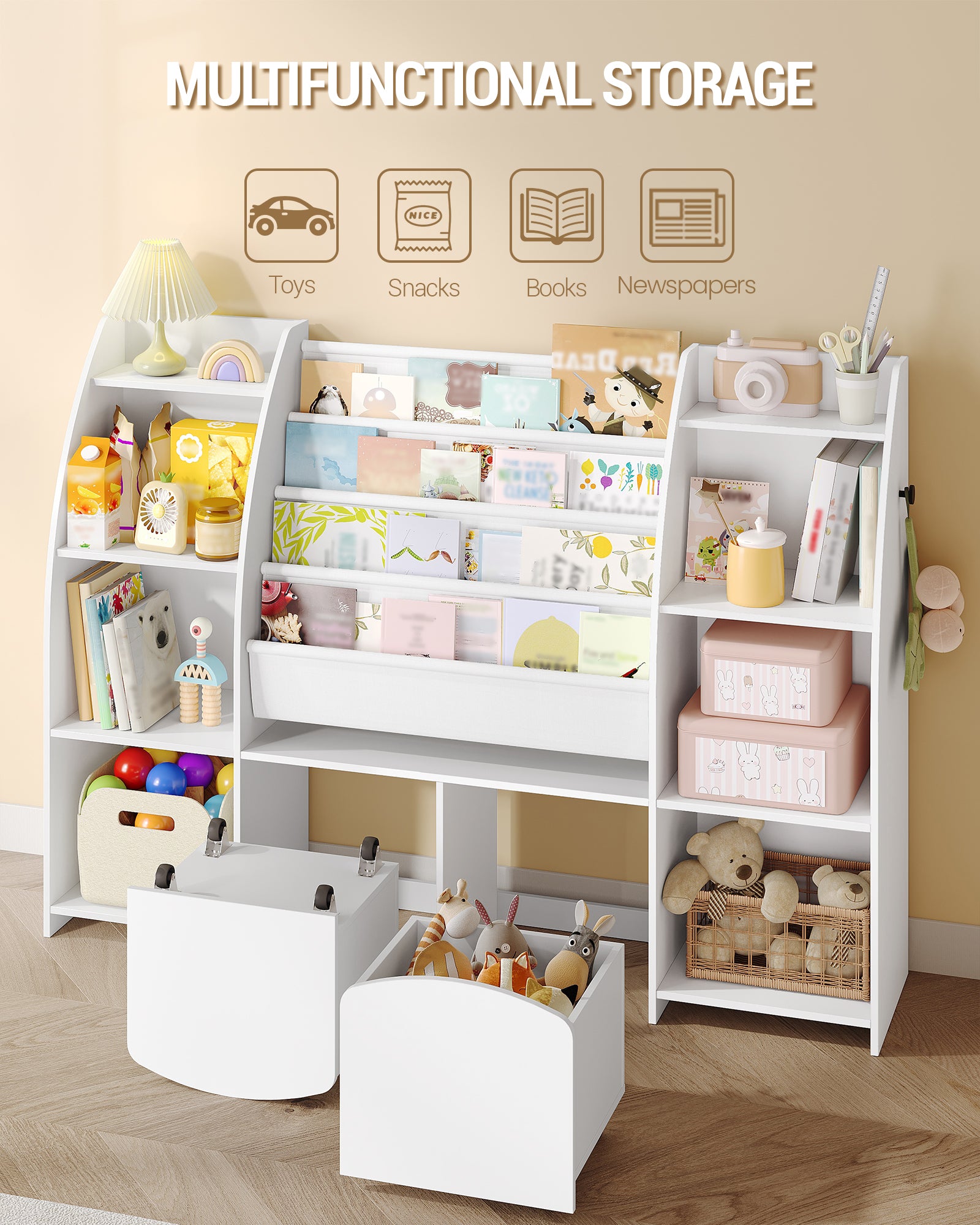 Hzuaneri Children's Shelf with Newspaper Rack, Children's Bookshelf with 3 Columns, 4 Shelves, Toy Shelf, Children's Storage Box, for Children's Room, Living Room, 30 x 140 x 100 cm KB13003W