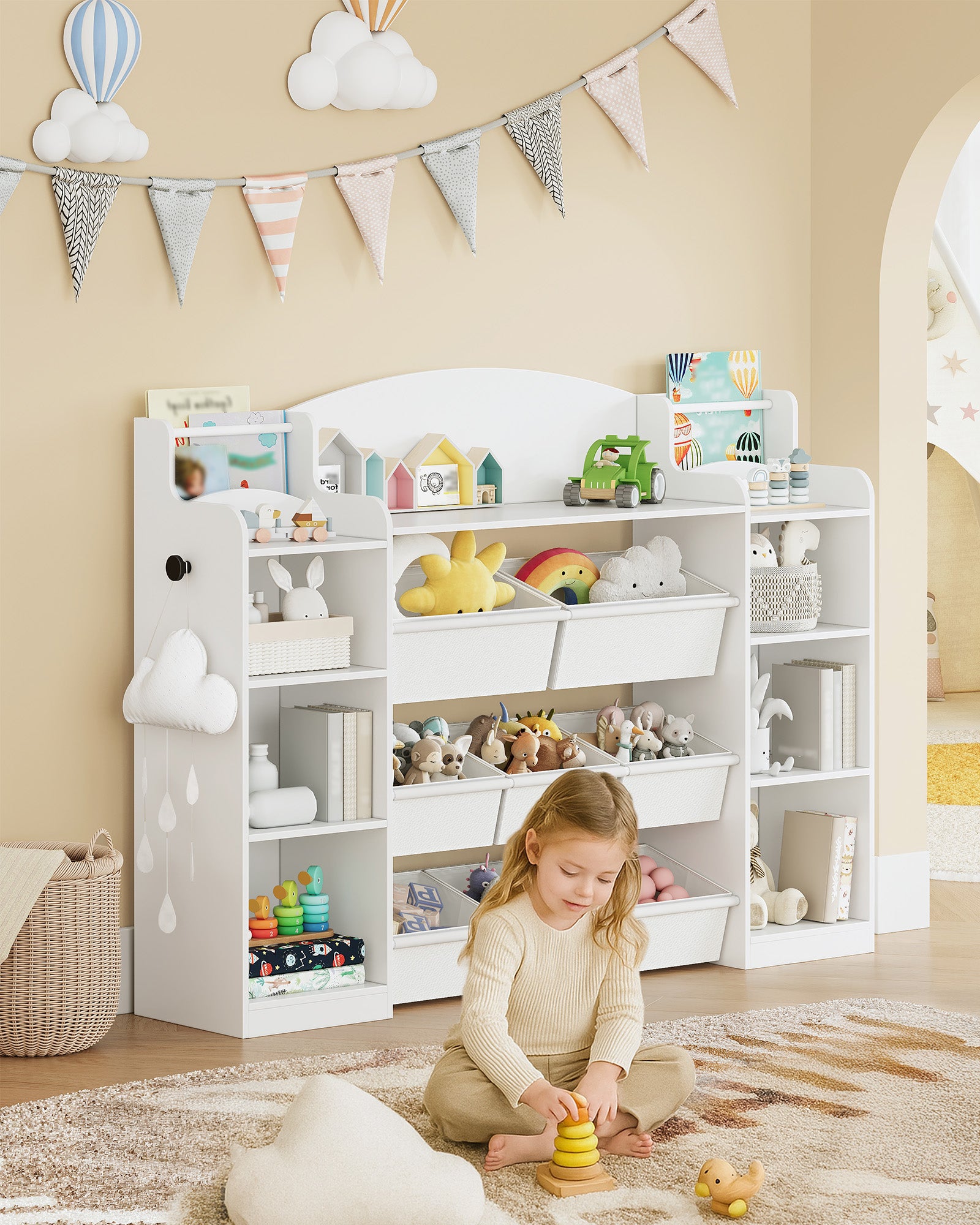 Hzuaneri Children's Shelf, Wooden Bookshelf for Kids, Toy Shelf with 8 Fabric Drawers for Children's Room, Living Room, Study, White, 30 x 140 x 104 cm, KB43003W