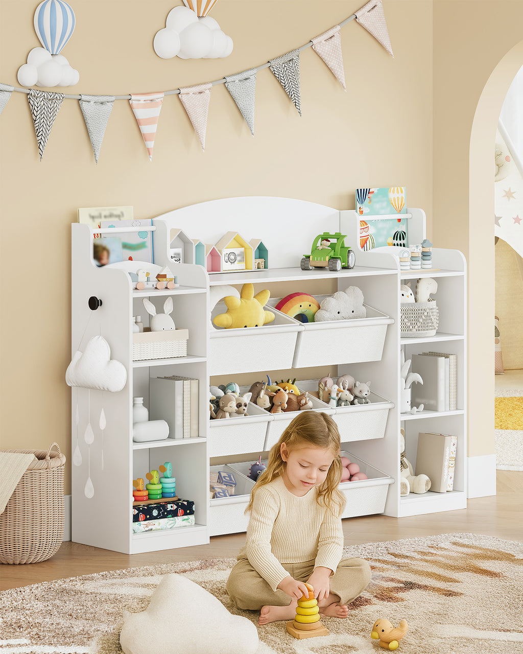 Hzuaneri Children's Shelf, Wooden Bookshelf for Kids, Toy Shelf with 8 Fabric Drawers for Children's Room, Living Room, Study, White, 30 x 110 x 104 cm, KB42003W