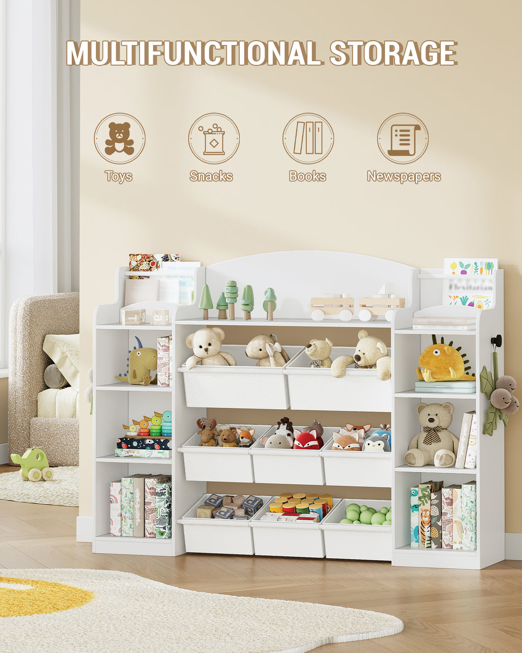 Hzuaneri Children's Shelf, Wooden Bookshelf for Kids, Toy Shelf with 8 Fabric Drawers for Children's Room, Living Room, Study, White, 30 x 140 x 104 cm, KB43003W