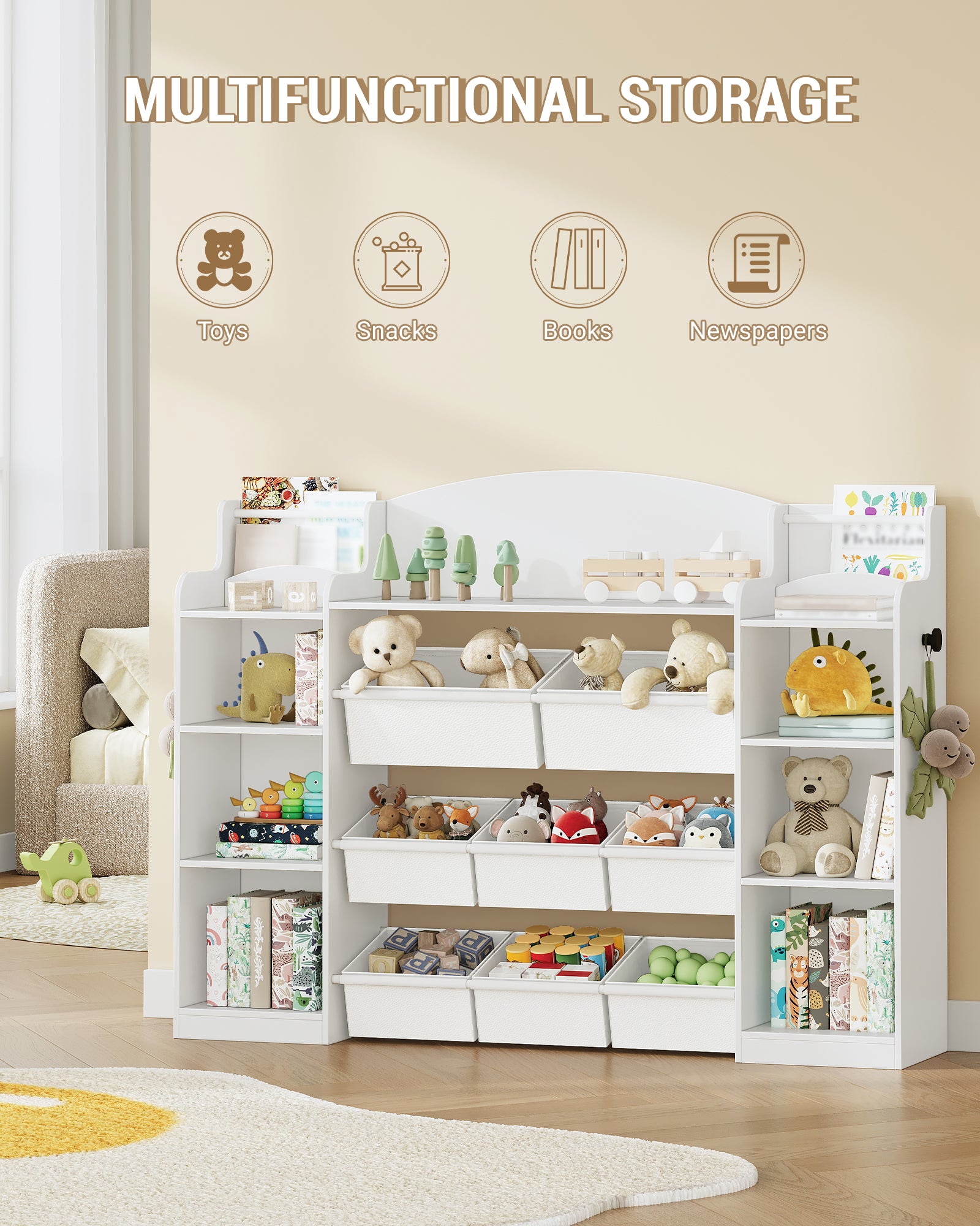 Hzuaneri Children's Shelf, Wooden Bookshelf for Kids, Toy Shelf with 8 Fabric Drawers for Children's Room, Living Room, Study, White, 30 x 110 x 104 cm, KB42003W