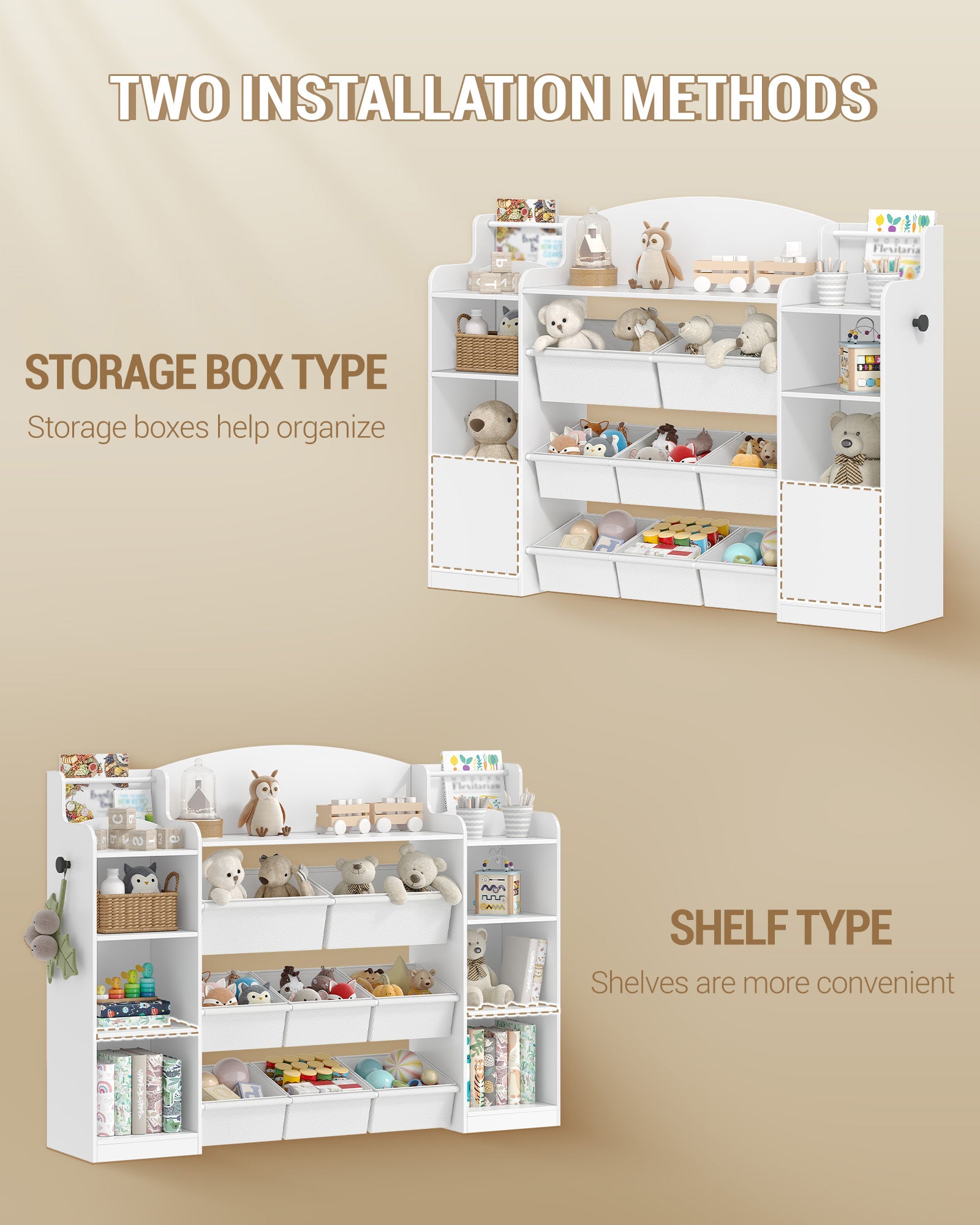 Hzuaneri Children's Shelf, Wooden Bookshelf for Kids, Toy Shelf with 8 Fabric Drawers for Children's Room, Living Room, Study, White, 30 x 110 x 104 cm, KB42003W