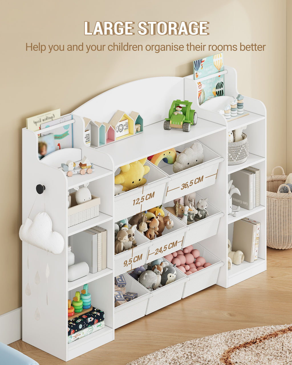 Hzuaneri Children's Shelf, Wooden Bookshelf for Kids, Toy Shelf with 8 Fabric Drawers for Children's Room, Living Room, Study, White, 30 x 110 x 104 cm, KB42003W