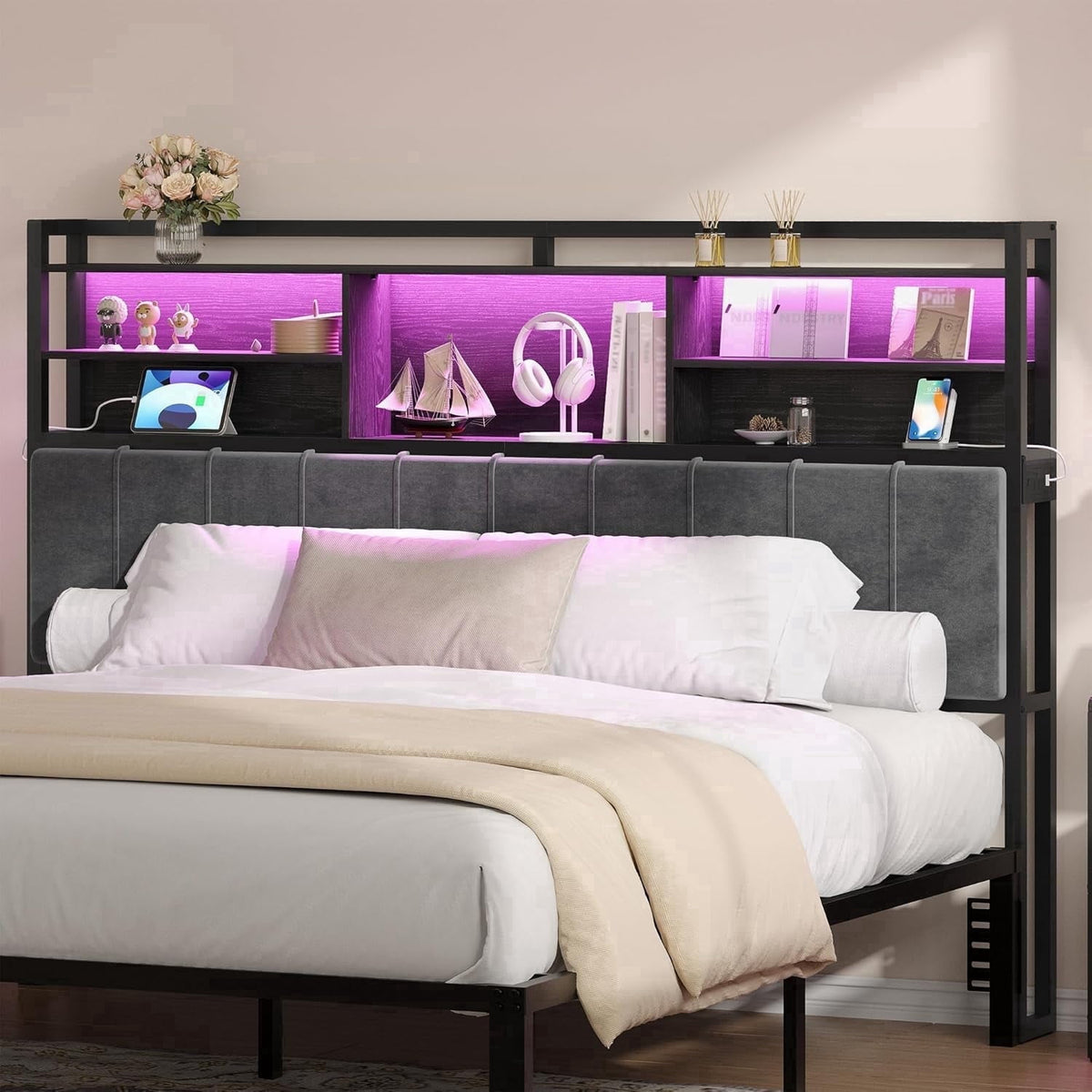 King Size Headboard with 3-tier Storage Shelves, Soft Velvet Upholstery, 2 Power Outlets, USB Ports & LED Lights, Comfy Backrest, Black