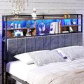 King Size Headboard with 3-Tier Storage Shelves, Velvet Upholstered Head Board with 2 Outlets, USB Ports & LED Light, Soft Backrest for King Size Bed, Rustic Brown and Black