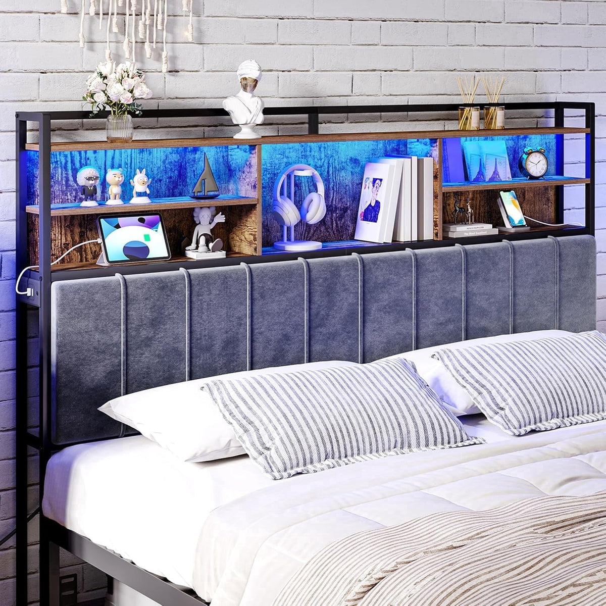 King Size Headboard with 3-Tier Storage Shelves, Velvet Upholstered Head Board with 2 Outlets, USB Ports & LED Light, Soft Backrest for King Size Bed, Rustic Brown and Black