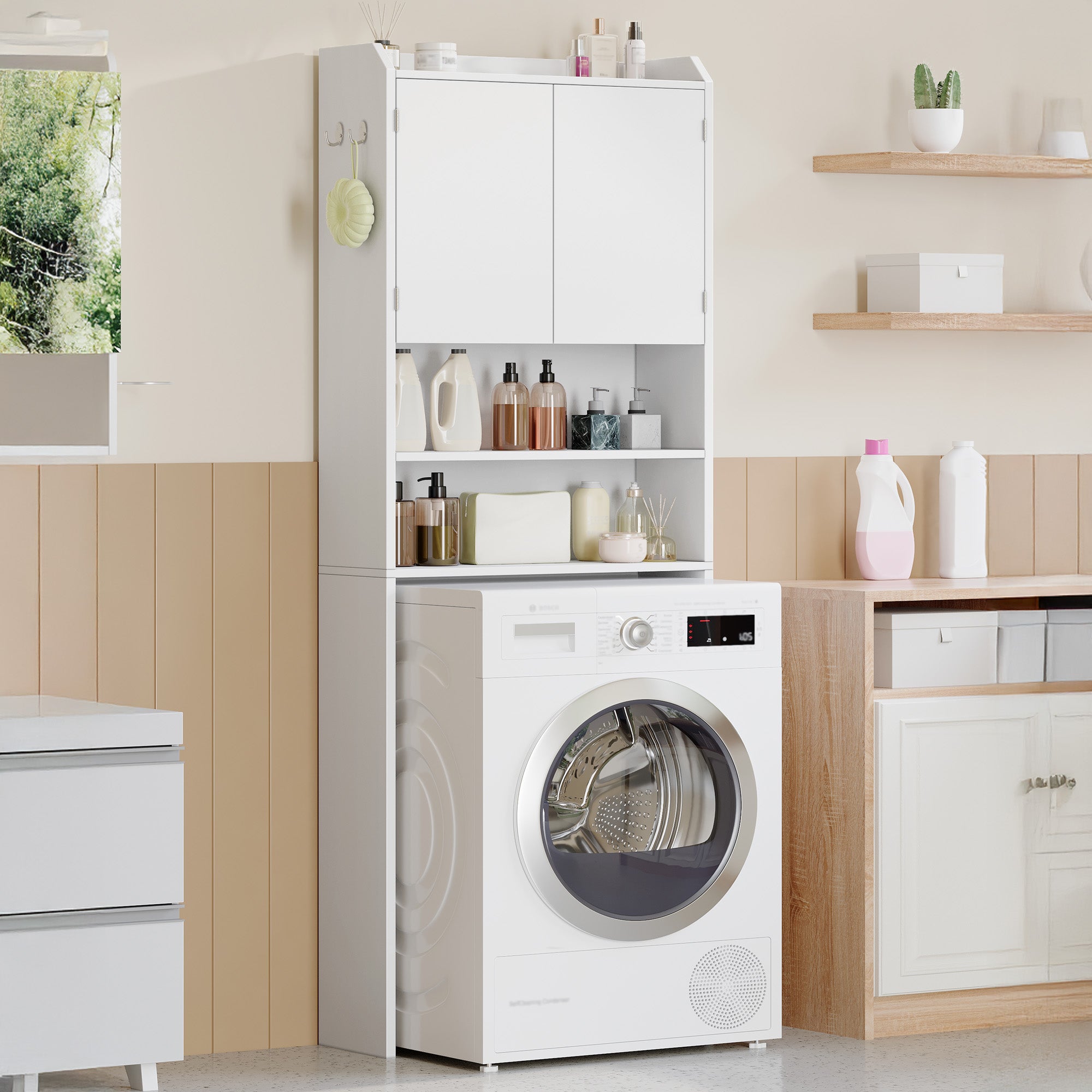 Hzuaneri Washing Machine Cabinet, Washing Machine Shelf with 2 Doors, Toilet Shelf, Adjustable Shelves, Bathroom Shelf Over Washing Machine/Toilet, 24 x 65 x 185 cm, White, LR65003X
