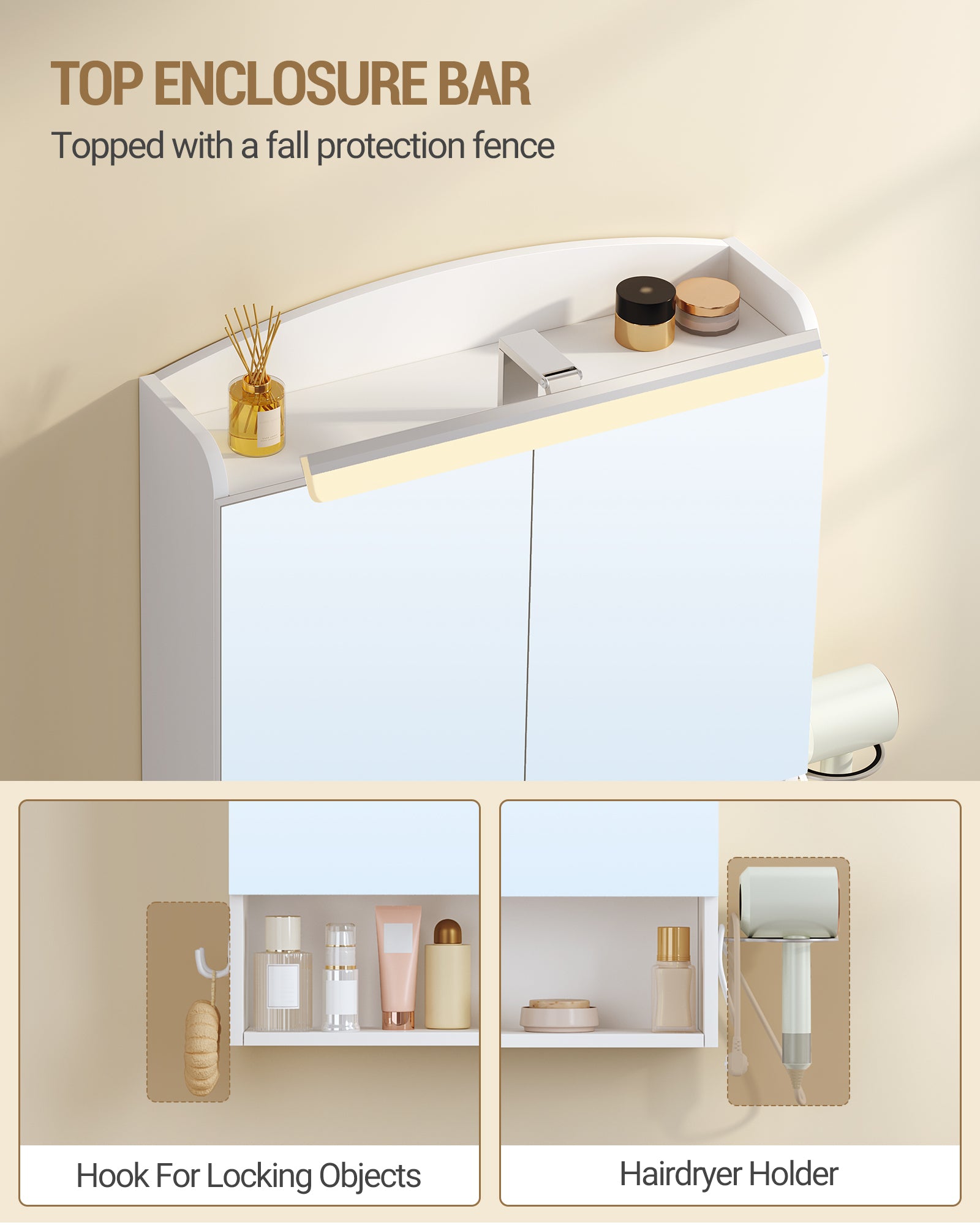 Hzuaneri Bathroom Mirror Cabinet with Lighting, Bathroom Cabinet with Mirror, White