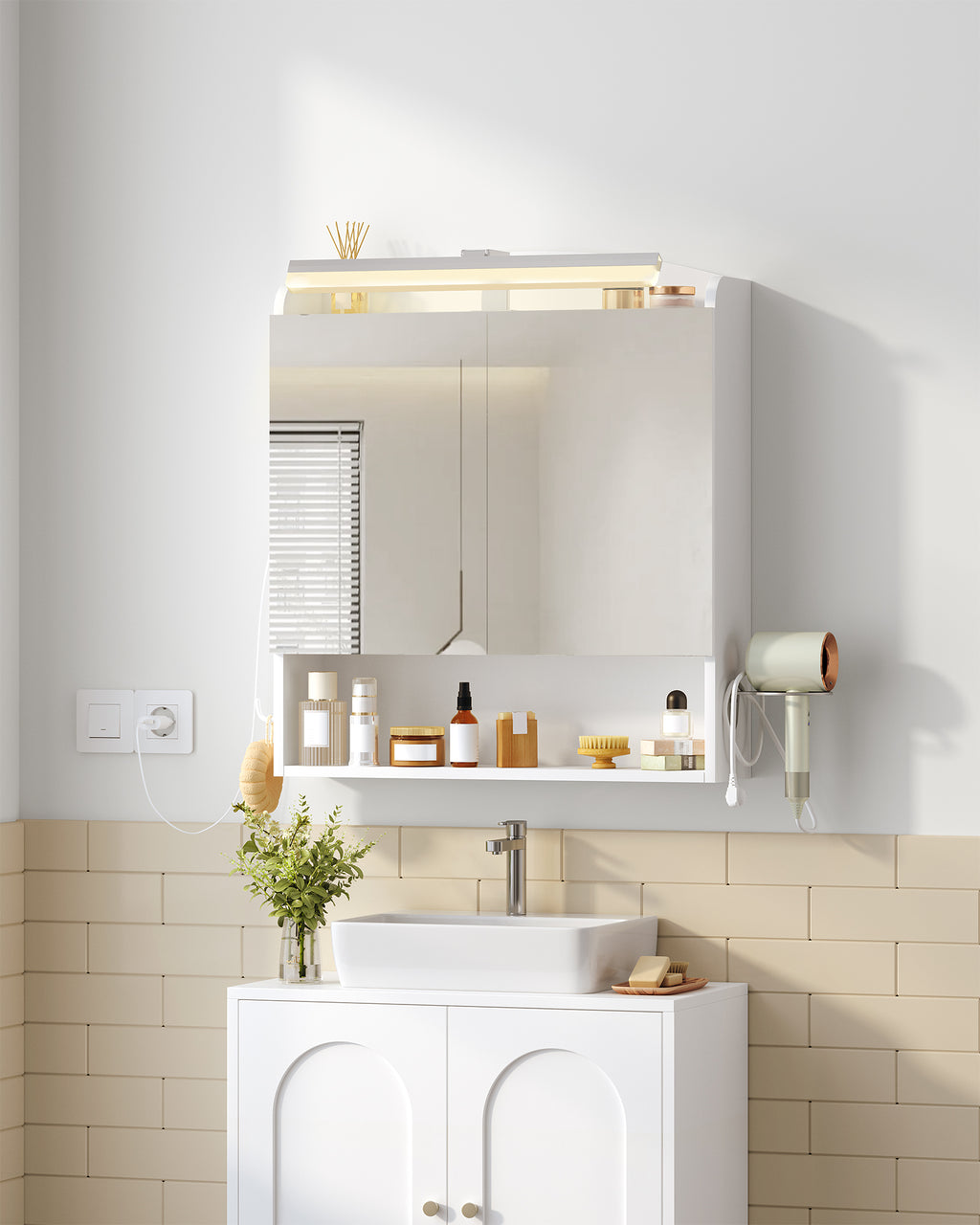 Hzuaneri Bathroom Mirror Cabinet with Lighting, Bathroom Cabinet with Mirror, White