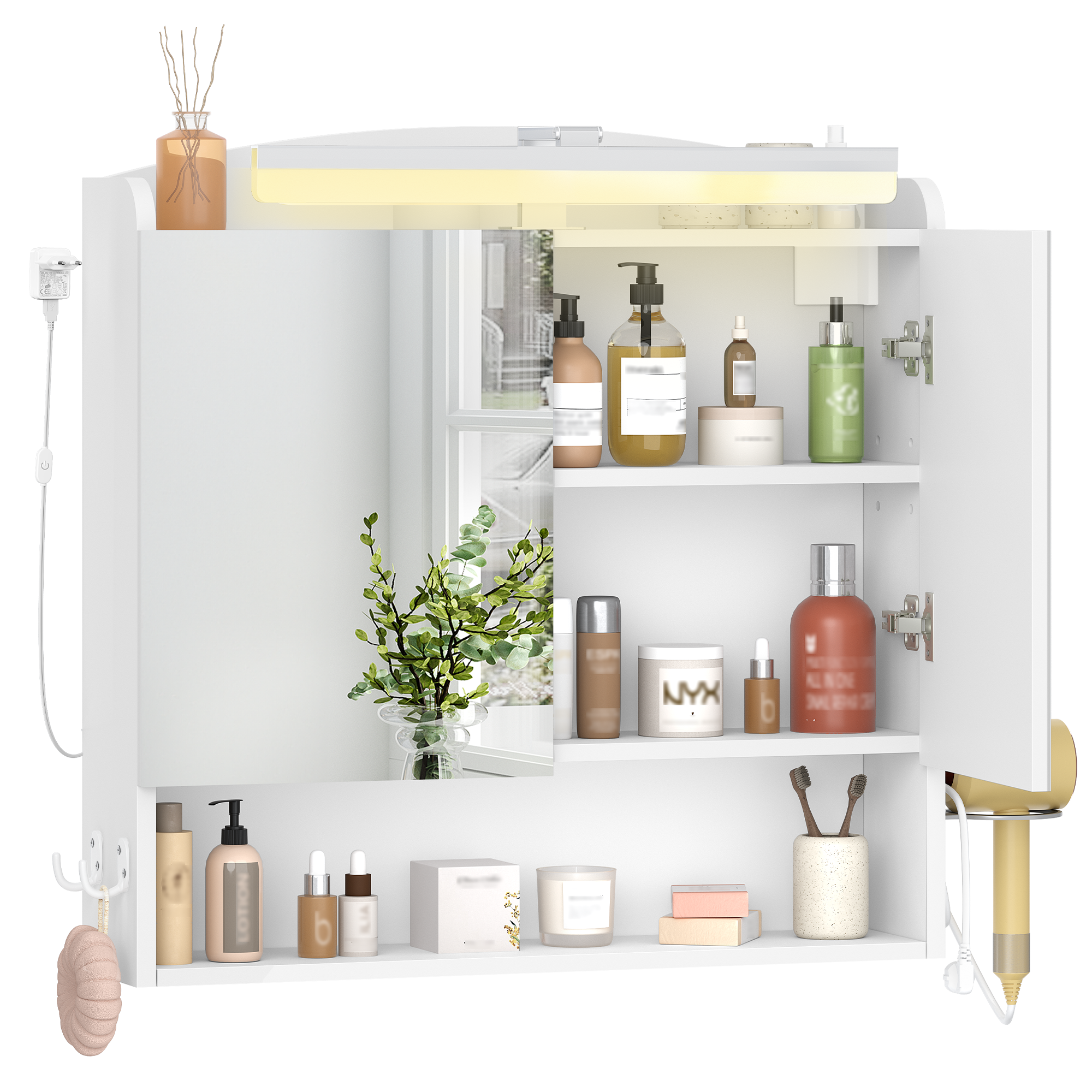 Hzuaneri Bathroom Mirror Cabinet with Lighting, Bathroom Cabinet with Mirror, Wall Cabinet, Hair Dryer Holder and Hooks, with Plug, Adjustable Shelves, White, 16.5 x 70 x 75 cm MC10103X
