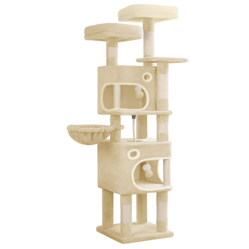 Hzuaneri Cat Tree, 159 cm with 8 Scratching Posts, Beige with 3 Platforms, 2 Caves, Basket, Plush Balls, Sisal Rope, Suitable for Cats of Various Sizes, MS15918YL