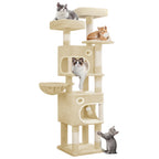 Hzuaneri Cat Tree, 159 cm with 8 Scratching Posts, Beige with 3 Platforms, 2 Caves, Basket, Plush Balls, Sisal Rope, Suitable for Cats of Various Sizes, MS15918YL