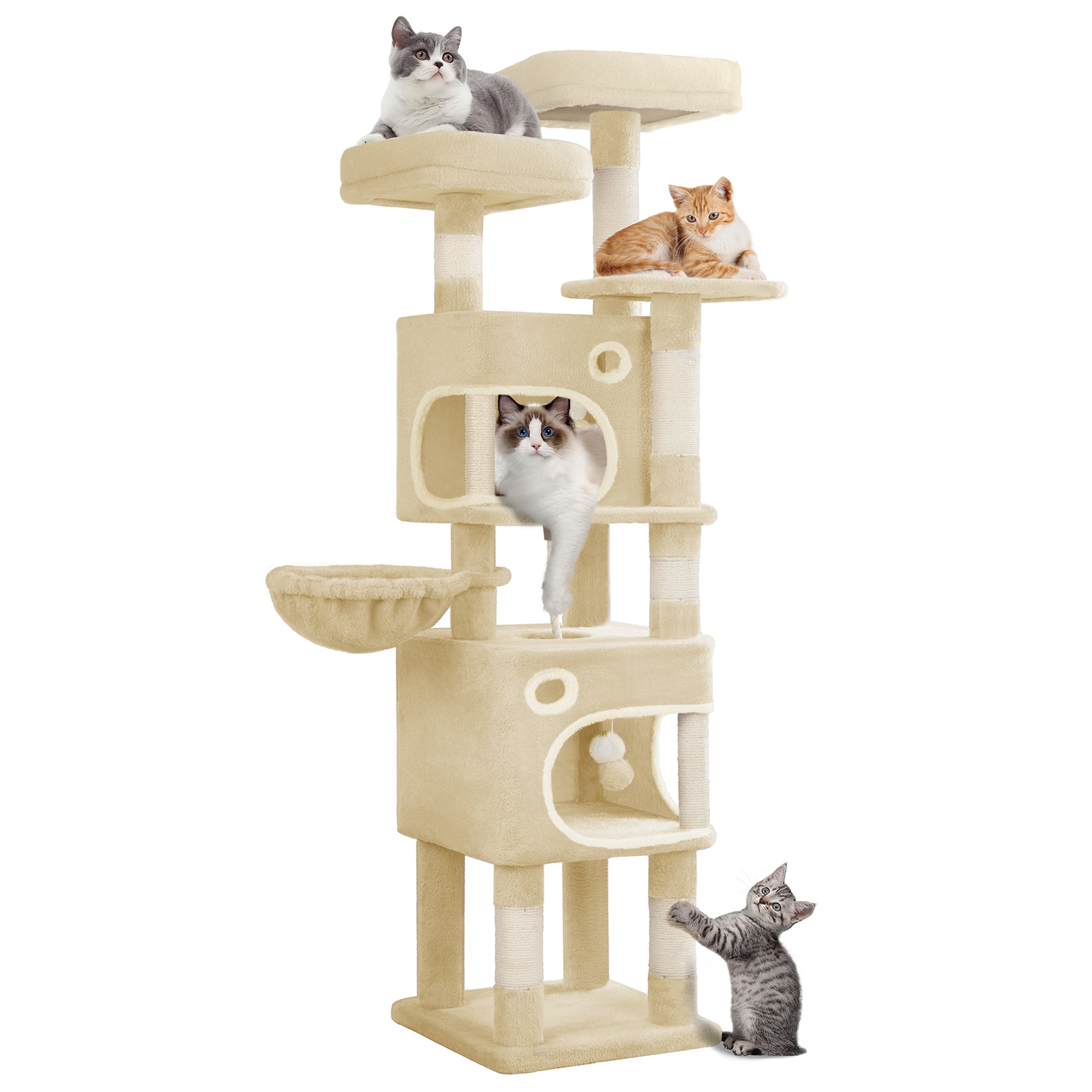 Hzuaneri Cat Tree, 159 cm with 8 Scratching Posts, Beige with 3 Platforms, 2 Caves, Basket, Plush Balls, Sisal Rope, Suitable for Cats of Various Sizes, MS15918YL