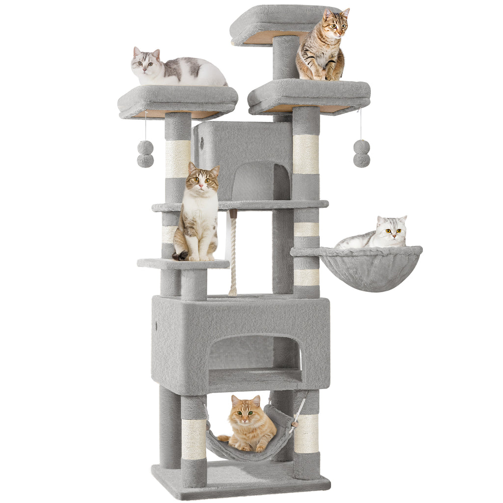 Hzuaneri Cat Tree, 176cm Cat Tree, XL, 3 Platforms, 2 Caves, 7 Scratching Posts, Light Grey