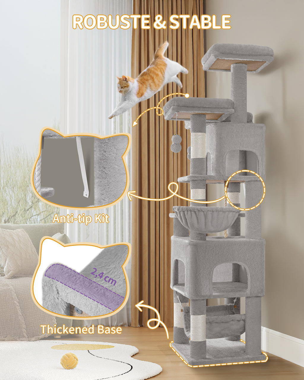 Hzuaneri Cat Tree, 176cm Cat Tree, XL, 3 Platforms, 2 Caves, 7 Scratching Posts, Light Grey