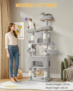 Hzuaneri Cat Tree, 176cm Cat Tree, XL, 3 Platforms, 2 Caves, 7 Scratching Posts, Light Grey
