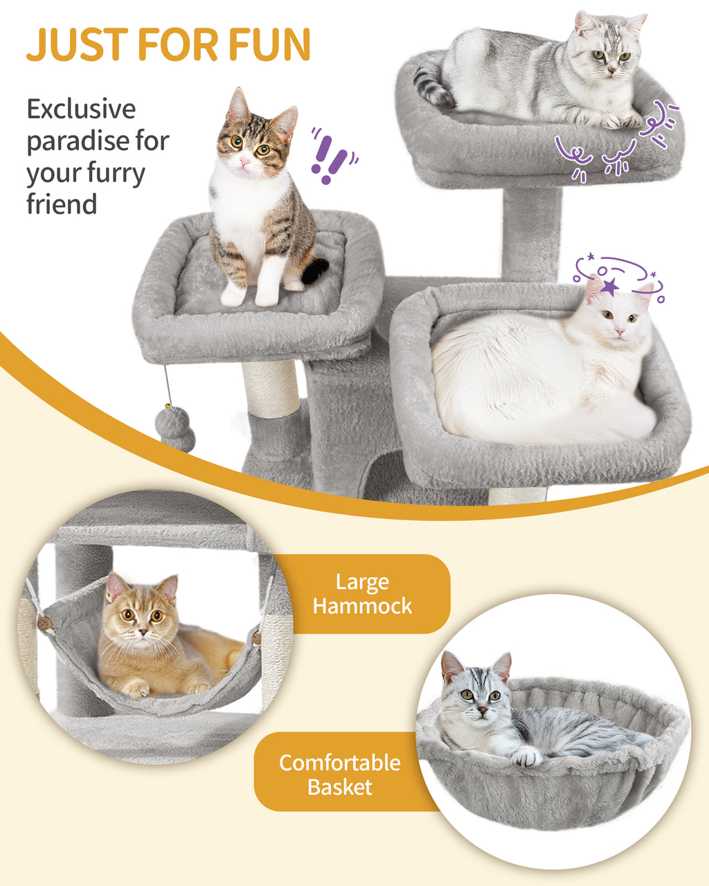 Hzuaneri Cat Tree, 176cm Cat Tree, XL, 3 Platforms, 2 Caves, 7 Scratching Posts, Light Grey