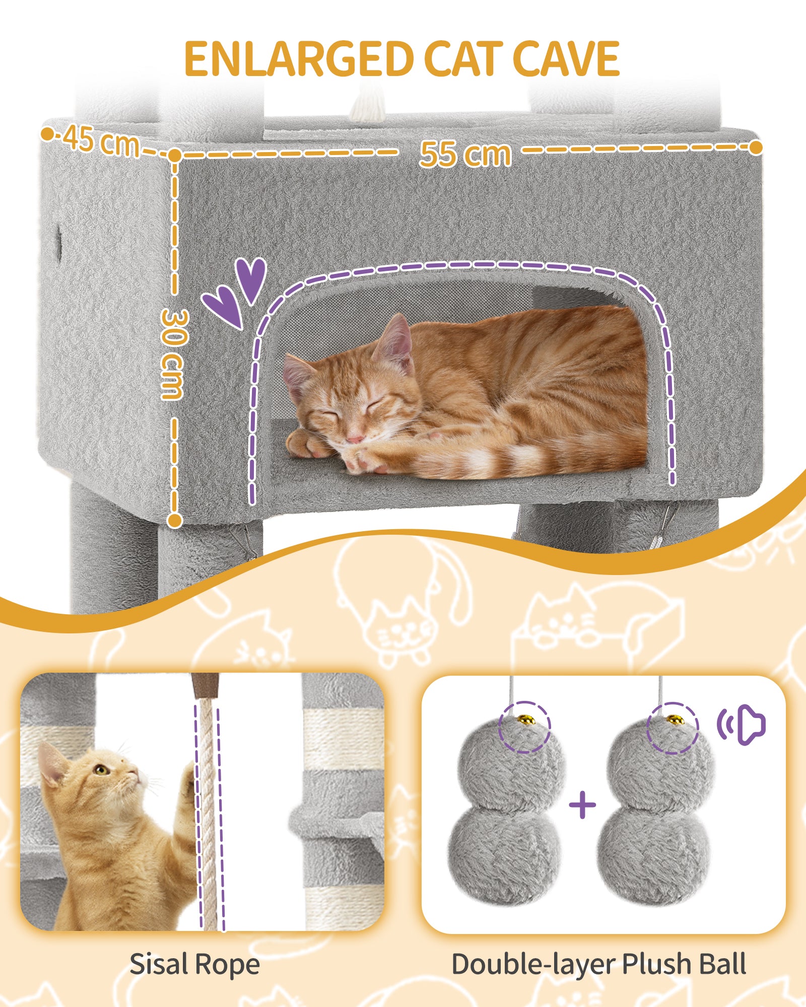 Hzuaneri Cat Tree, 176cm Cat Tree, XL, 3 Platforms, 2 Caves, 7 Scratching Posts, Light Grey