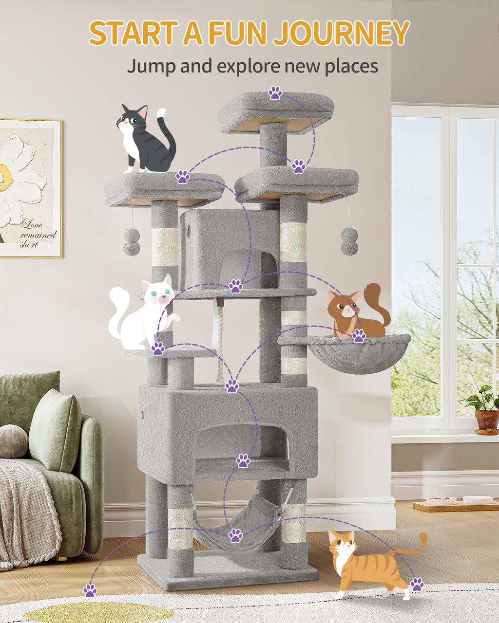 Hzuaneri Cat Tree, 176cm Cat Tree, XL, 3 Platforms, 2 Caves, 7 Scratching Posts, Light Grey