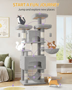 Hzuaneri Cat Tree, 176cm Cat Tree, XL, 3 Platforms, 2 Caves, 7 Scratching Posts, Light Grey