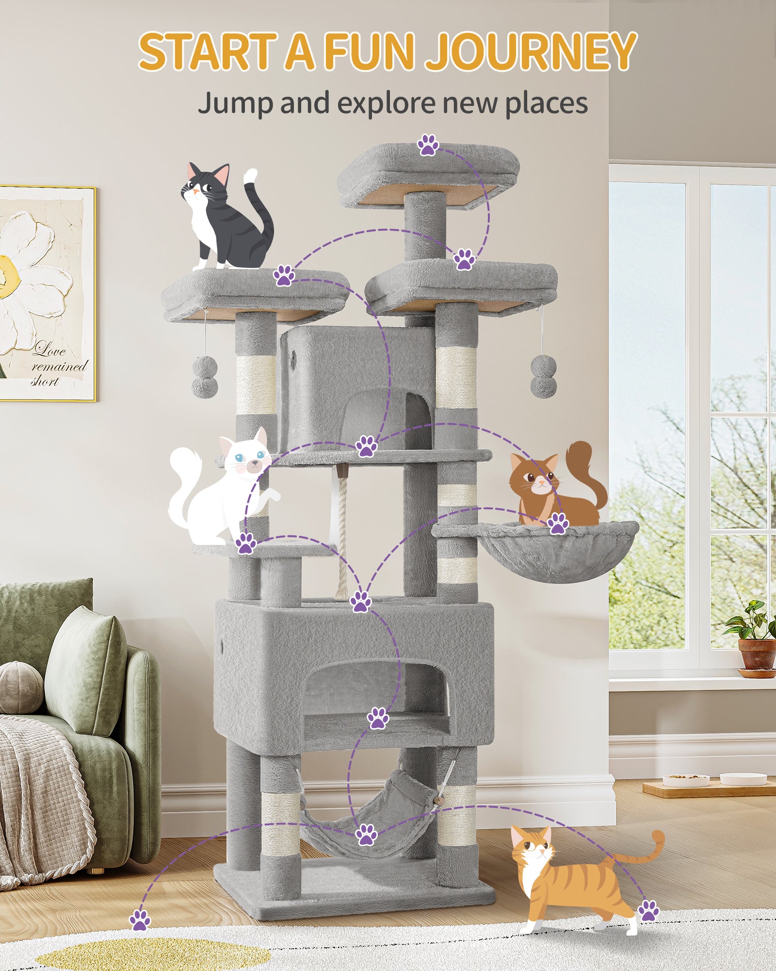 Hzuaneri Cat Tree, 176cm Cat Tree, XL, 3 Platforms, 2 Caves, 7 Scratching Posts, Light Grey