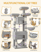 Hzuaneri Cat Tree, 176cm Cat Tree, XL, 3 Platforms, 2 Caves, 7 Scratching Posts, Light Grey
