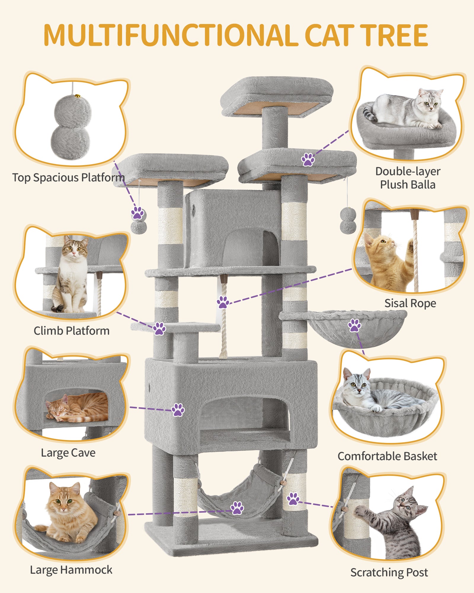 Hzuaneri Cat Tree, 176cm Cat Tree, XL, 3 Platforms, 2 Caves, 7 Scratching Posts, Light Grey