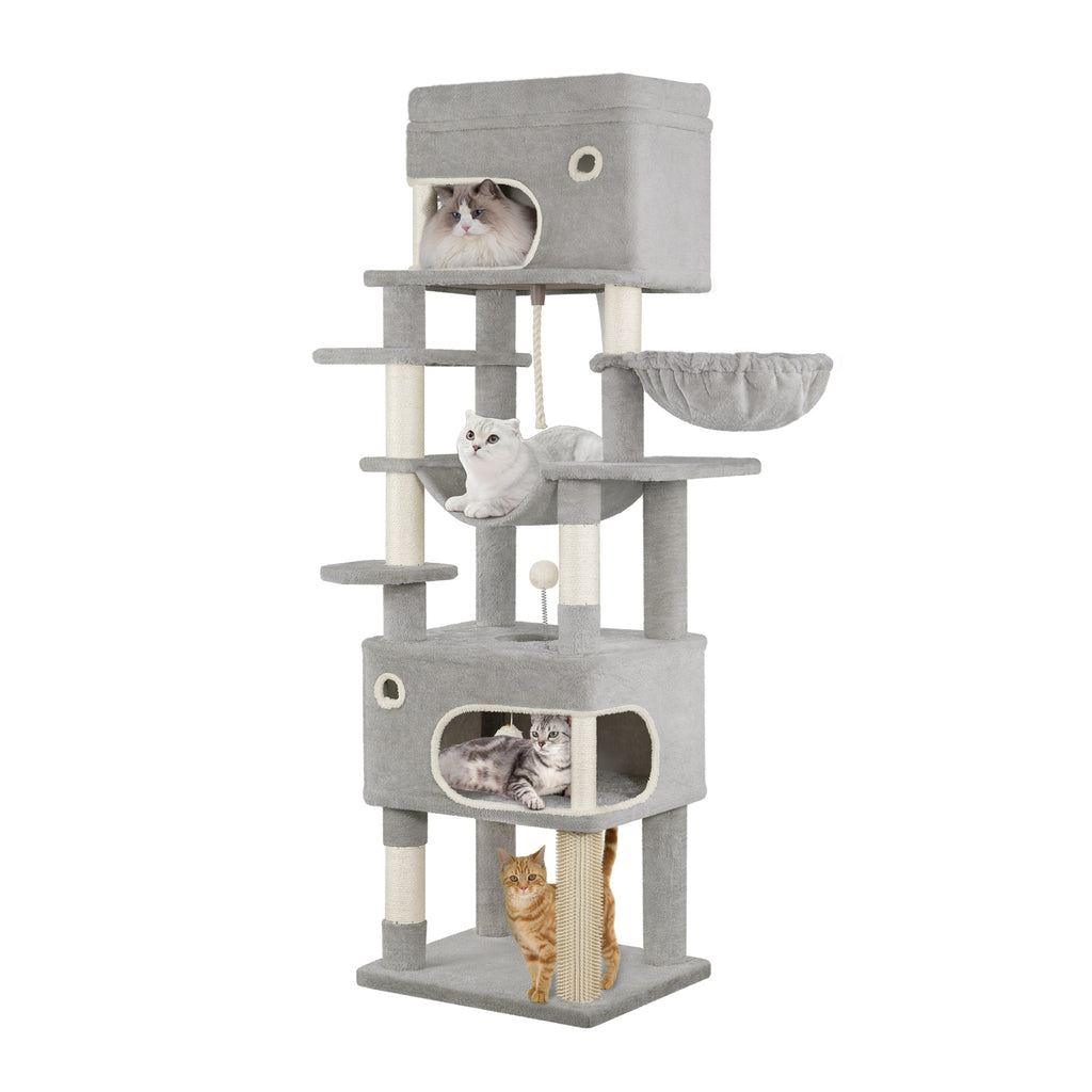 Hzuaneri Cat Tree, 178 cm Cat Tree with Large Platform, 2 Caves, 7 Scratching Posts, Light Grey