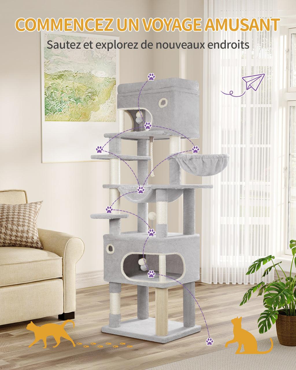 Hzuaneri Cat Tree, 178 cm Cat Tree with Large Platform, 2 Caves, 7 Scratching Posts, Light Grey