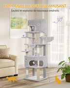 Hzuaneri Cat Tree, 178 cm Cat Tree with Large Platform, 2 Caves, 7 Scratching Posts, Light Grey