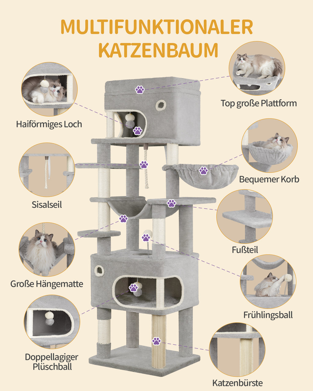 Hzuaneri Cat Tree, 178 cm Cat Tree with Large Platform, 2 Caves, 7 Scratching Posts, Light Grey