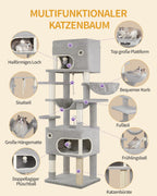 Hzuaneri Cat Tree, 178 cm Cat Tree with Large Platform, 2 Caves, 7 Scratching Posts, Light Grey