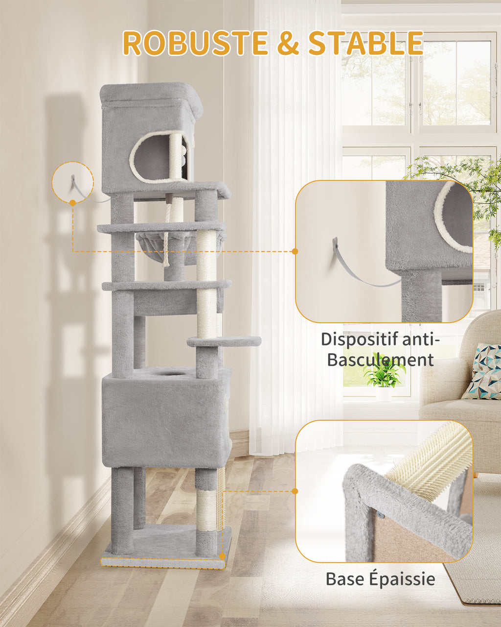 Hzuaneri Cat Tree, 178 cm Cat Tree with Large Platform, 2 Caves, 7 Scratching Posts, Light Grey