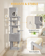 Hzuaneri Cat Tree, 178 cm Cat Tree with Large Platform, 2 Caves, 7 Scratching Posts, Light Grey