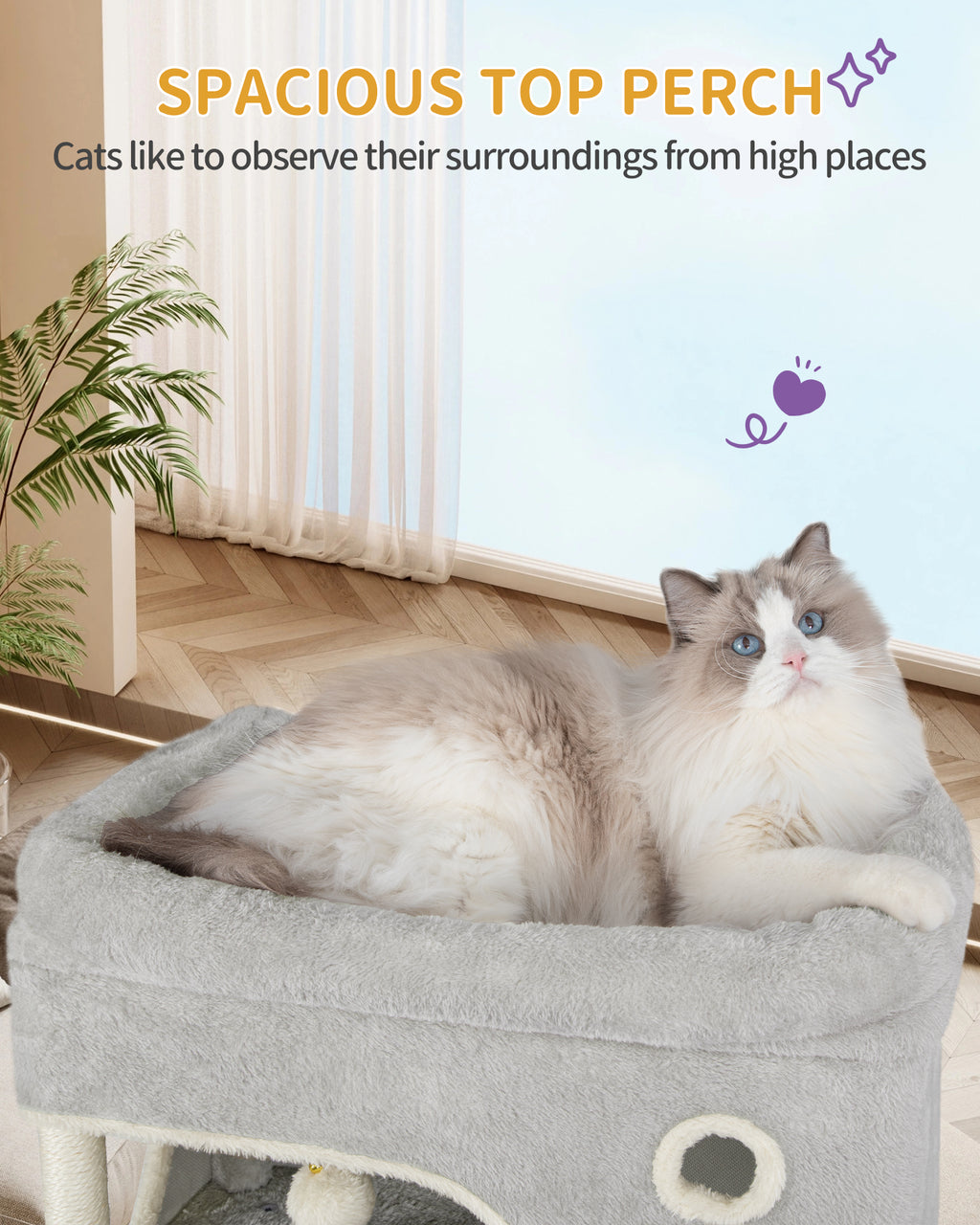 Hzuaneri Cat Tree, 178 cm Cat Tree with Large Platform, 2 Caves, 7 Scratching Posts, Light Grey