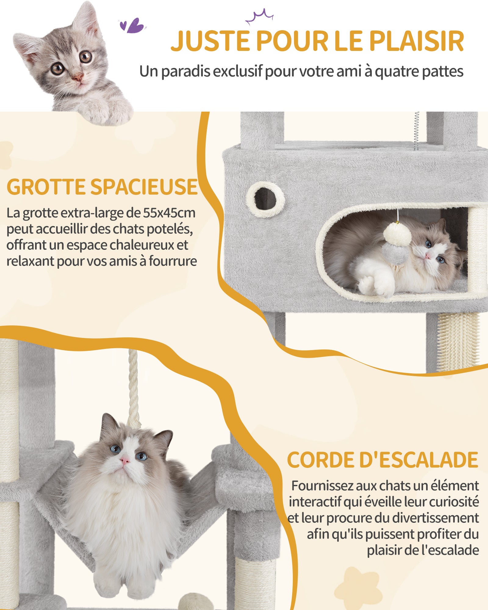 Hzuaneri Cat Tree, 178 cm Cat Tree with Large Platform, 2 Caves, 7 Scratching Posts, Light Grey