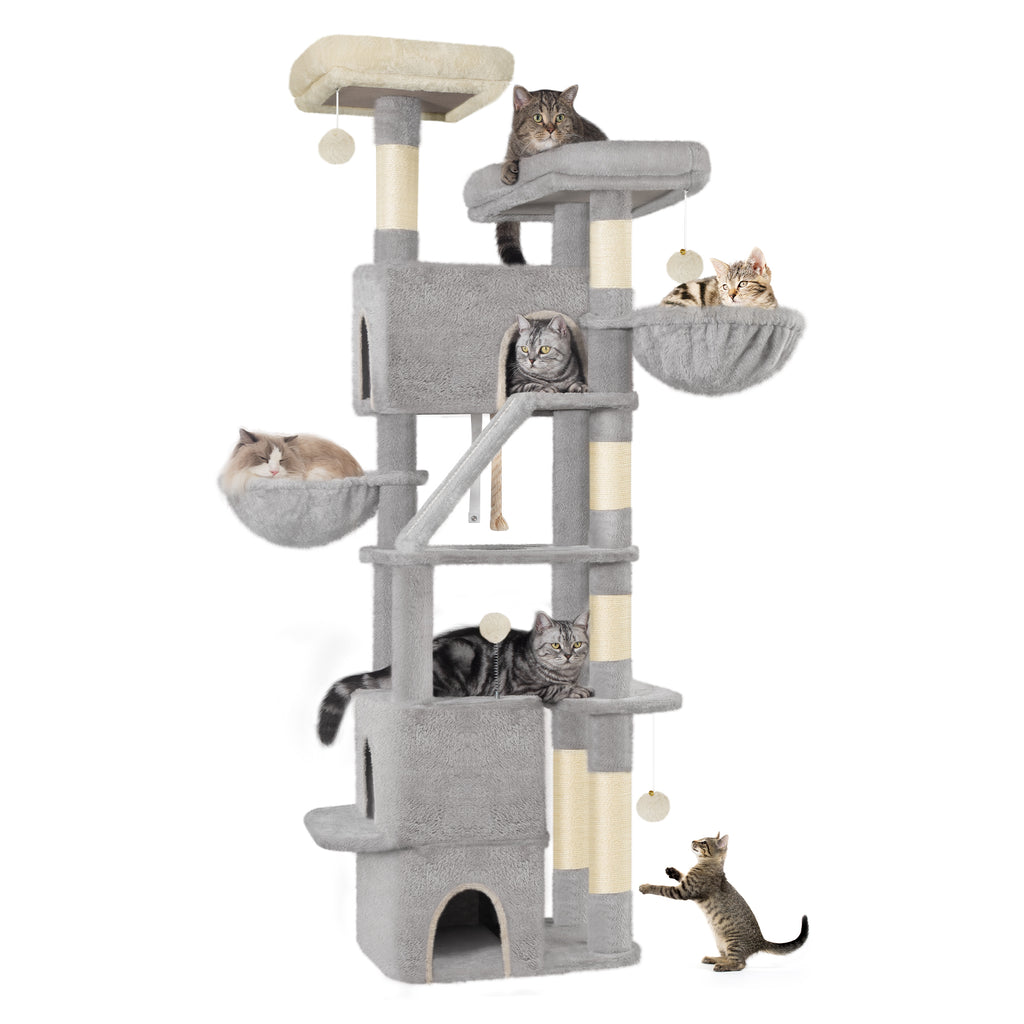 Hzuaneri Large Cat Tree, 185cm Stable Cat Tree with 6 Scratching Posts, 3 Caves, 2 Viewing Platforms, 2 Baskets, 4 Plush Balls