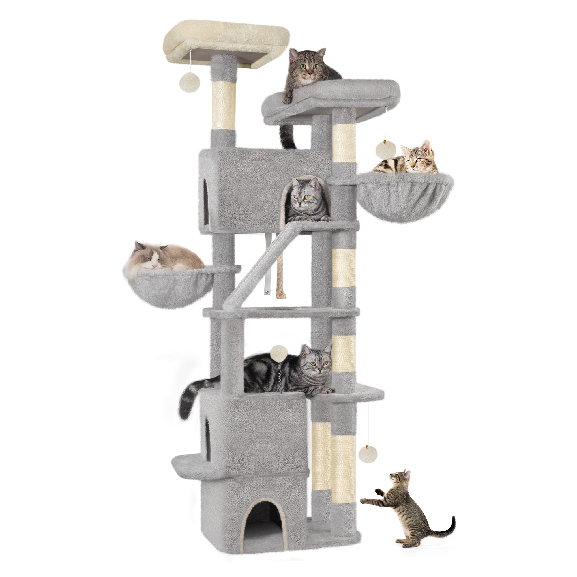 Hzuaneri Large Cat Tree, 185cm Stable Cat Tree with 6 Scratching Posts, 3 Caves, 2 Viewing Platforms, 2 Baskets, 4 Plush Balls