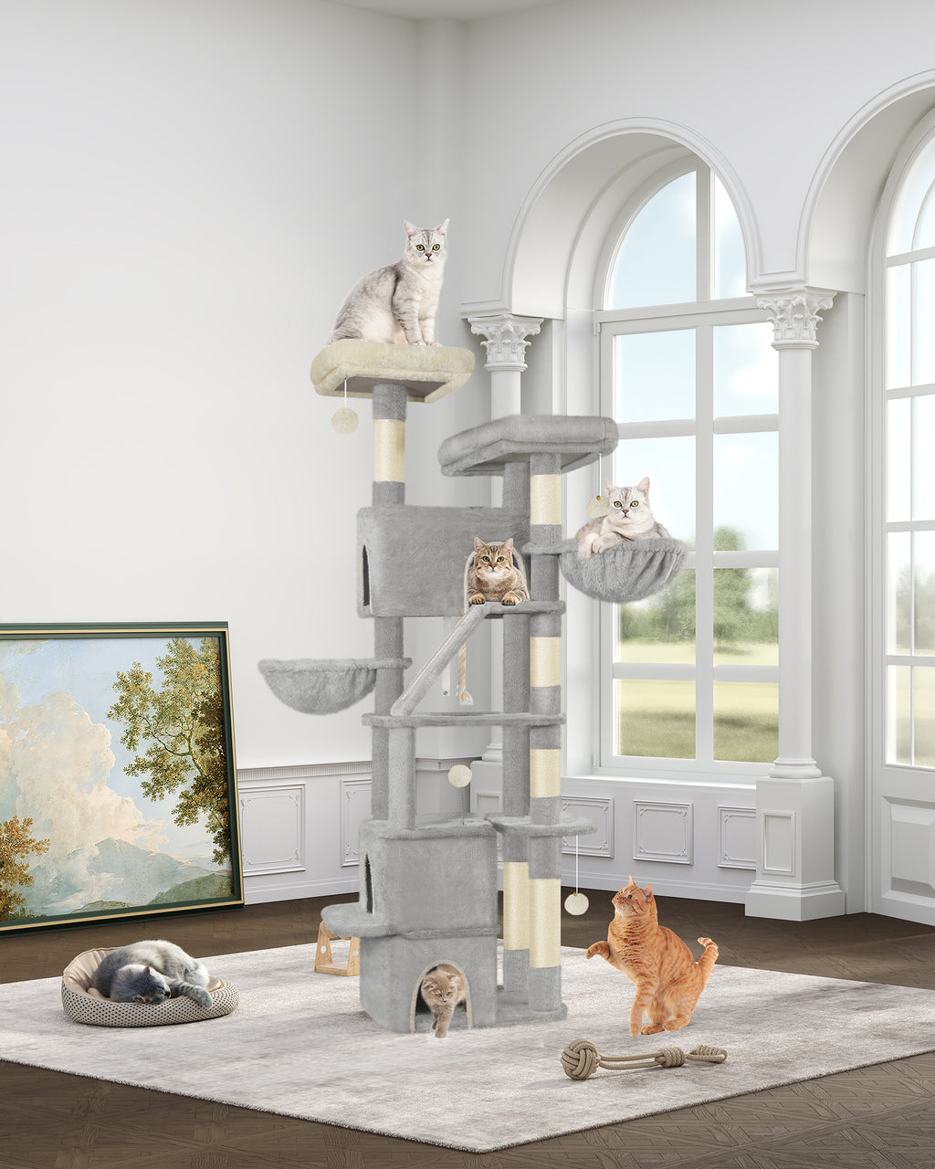 Hzuaneri Large Cat Tree, 185cm Stable Cat Tree with 6 Scratching Posts, 3 Caves, 2 Viewing Platforms, 2 Baskets, 4 Plush Balls