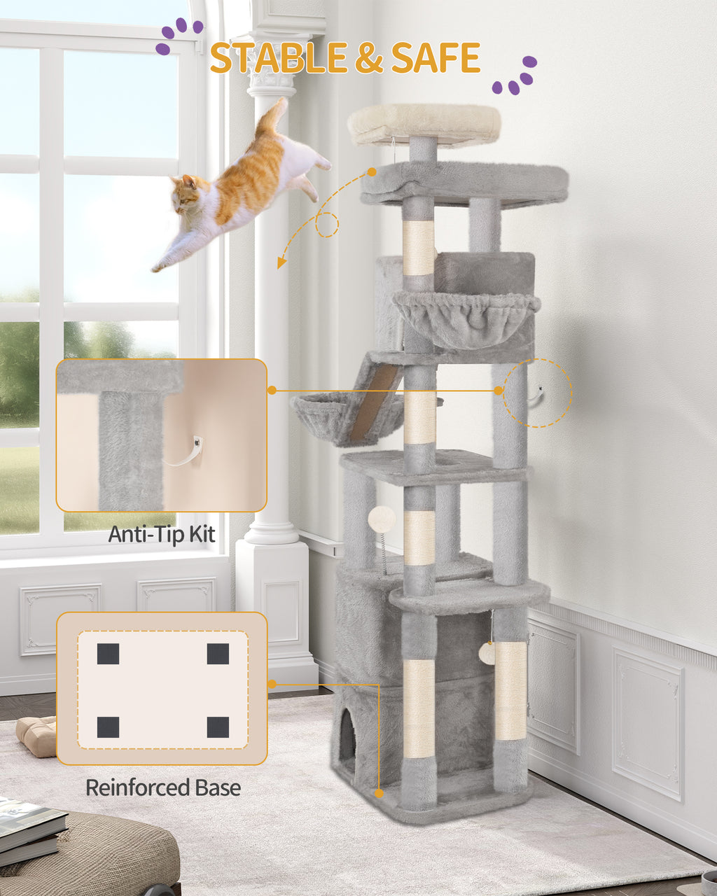 Hzuaneri Large Cat Tree, 185cm Stable Cat Tree with 6 Scratching Posts, 3 Caves, 2 Viewing Platforms, 2 Baskets, 4 Plush Balls