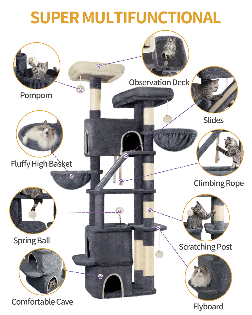 Hzuaneri Large Cat Tree, 185cm Stable Cat Tree with 6 Scratching Posts, 3 Caves, 2 Viewing Platforms, 2 Baskets, 4 Plush Balls