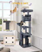Hzuaneri Large Cat Tree, 185cm Stable Cat Tree with 6 Scratching Posts, 3 Caves, 2 Viewing Platforms, 2 Baskets, 4 Plush Balls