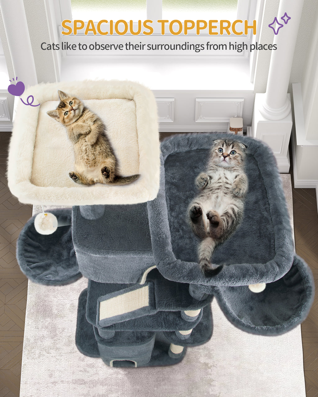 Hzuaneri Large Cat Tree, 185cm Stable Cat Tree with 6 Scratching Posts, 3 Caves, 2 Viewing Platforms, 2 Baskets, 4 Plush Balls