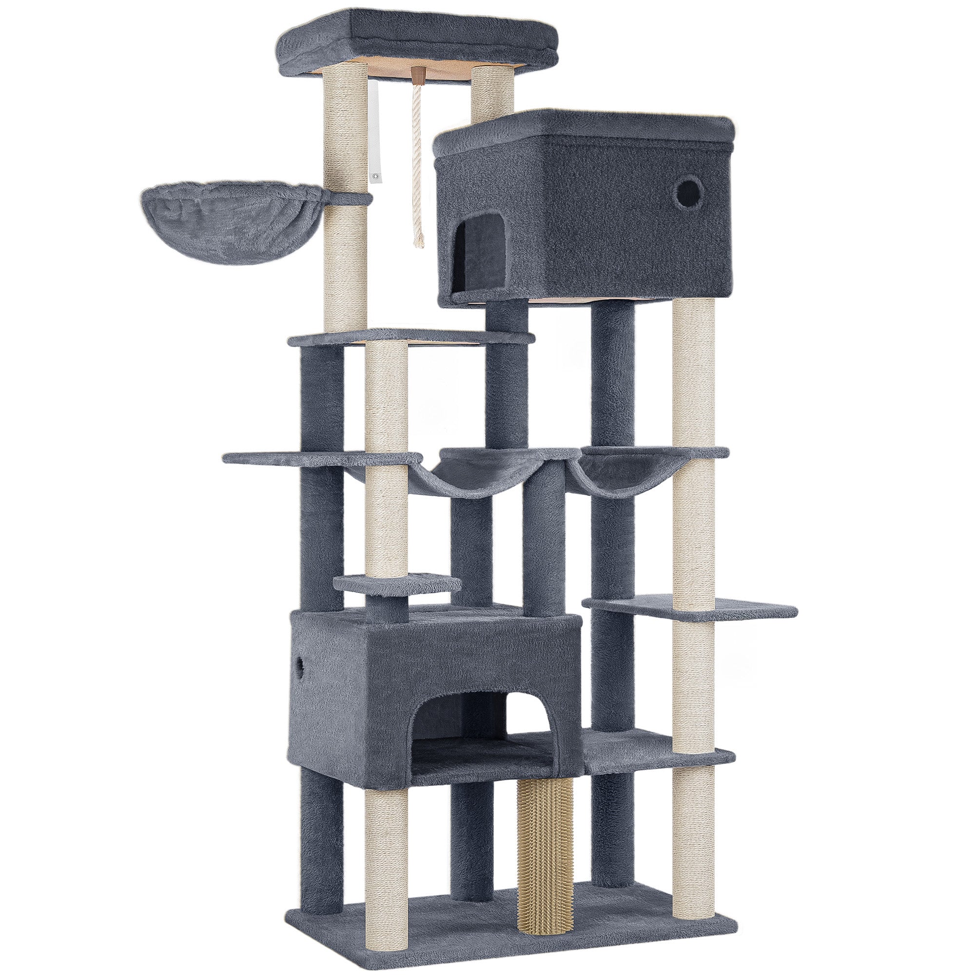 Hzuaneri Cat Scratching Post 200 cm XXL with 10 Scratching Posts, 2 Caves, 2 Hammocks, Large Platform, Cat Brushes, Basket, Heavy Cat Tree for Maine Coon, Large Cats, Dark Grey MS20018SG