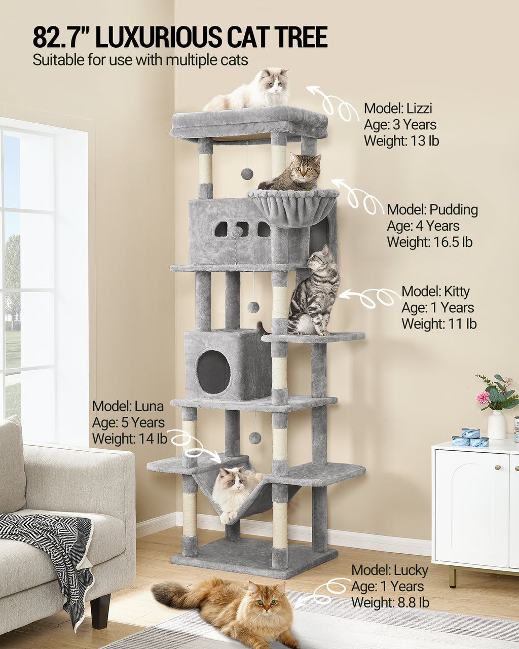 Hzuaneri Cat Tree,  Large Cat Tower for Indoor Cats, Multi-Level Cat House with Condo