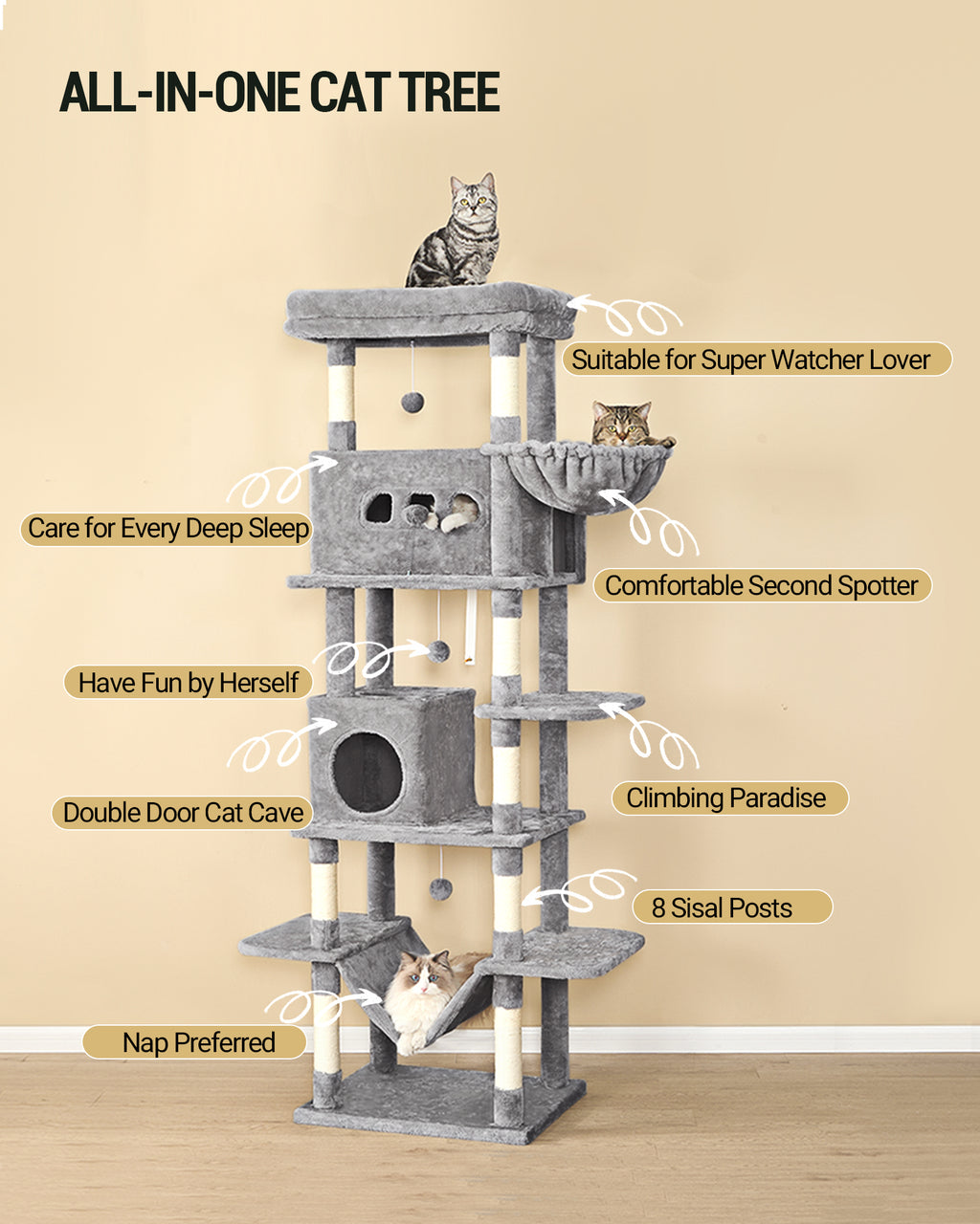Hzuaneri Cat Tree,  Large Cat Tower for Indoor Cats, Multi-Level Cat House with Condo