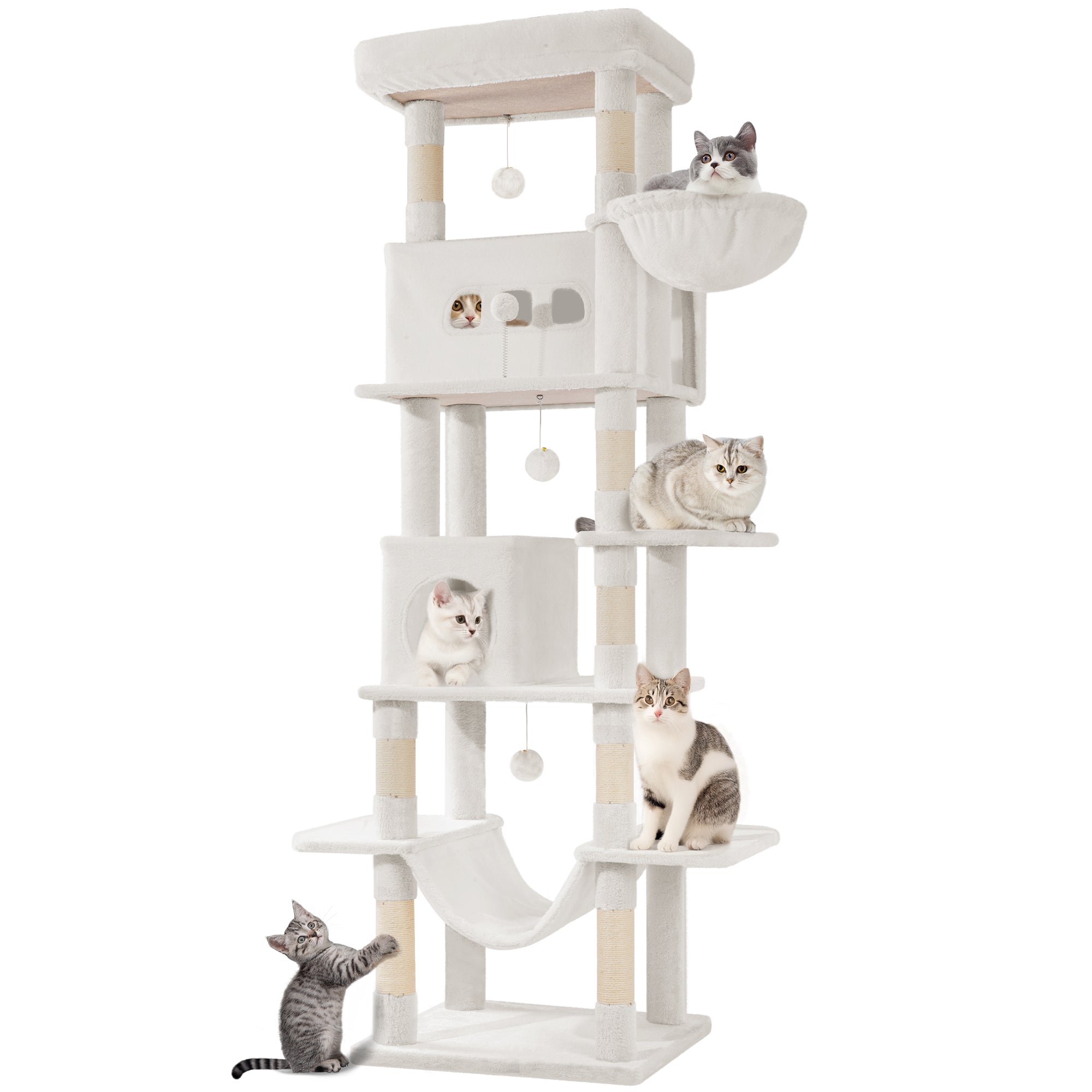 Hzuaneri Large Cat Scratching Post, 210 cm High, with 8 Scratching Posts, 2 Caves, Large Platforms, Washable Mat, Hammock, Plush Balls, Multi-Level Cat Scratching Post, Cream White MS21018WT