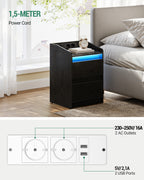 Hzuaneri Bedside Table with LED Lights & Charging Station, 2 Drawers, USB Ports and Power Outlets, Black