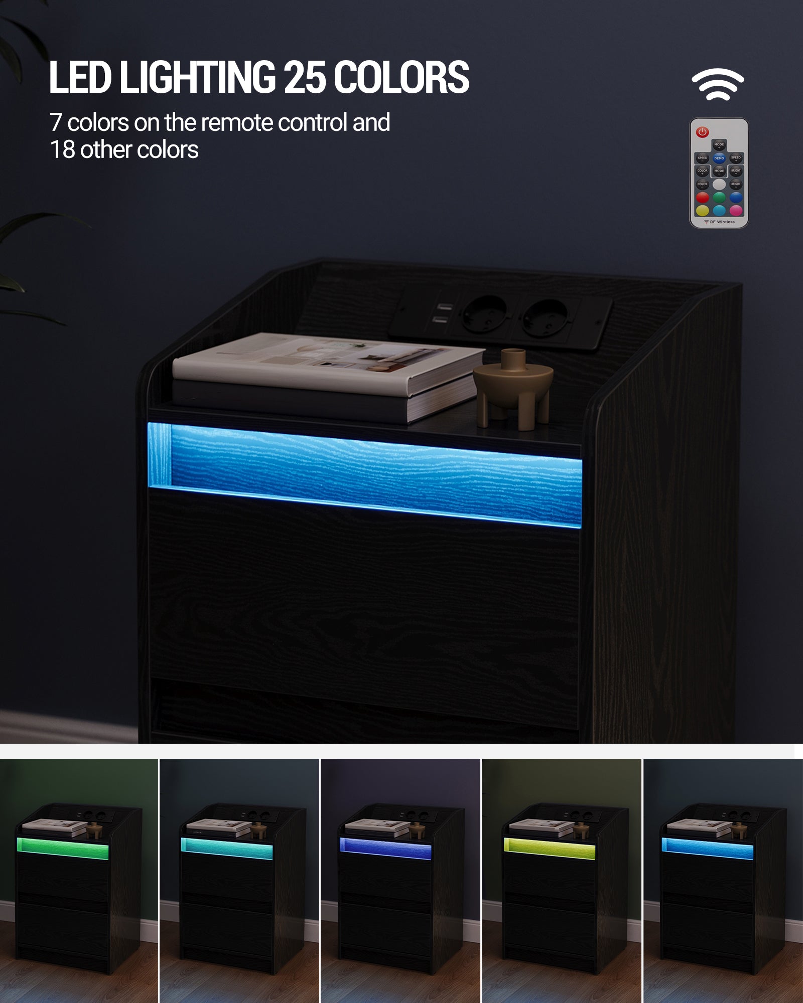 Hzuaneri Bedside Table with LED Lights & Charging Station, 2 Drawers, USB Ports and Power Outlets, Black