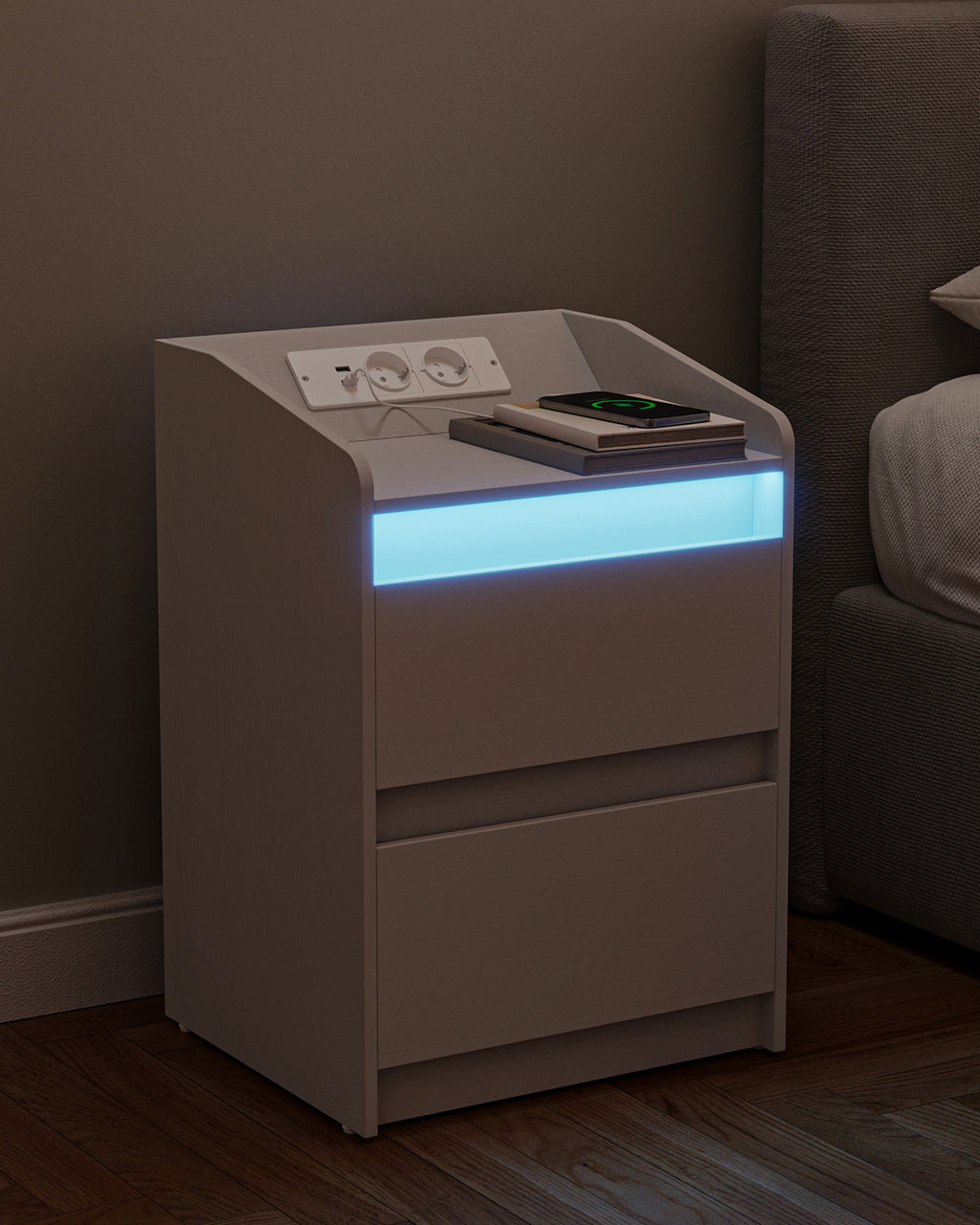 Hzuaneri Nightstand Set of 2 with LED Lights & Charging Station, 2 Drawers, USB Ports & Outlets, White